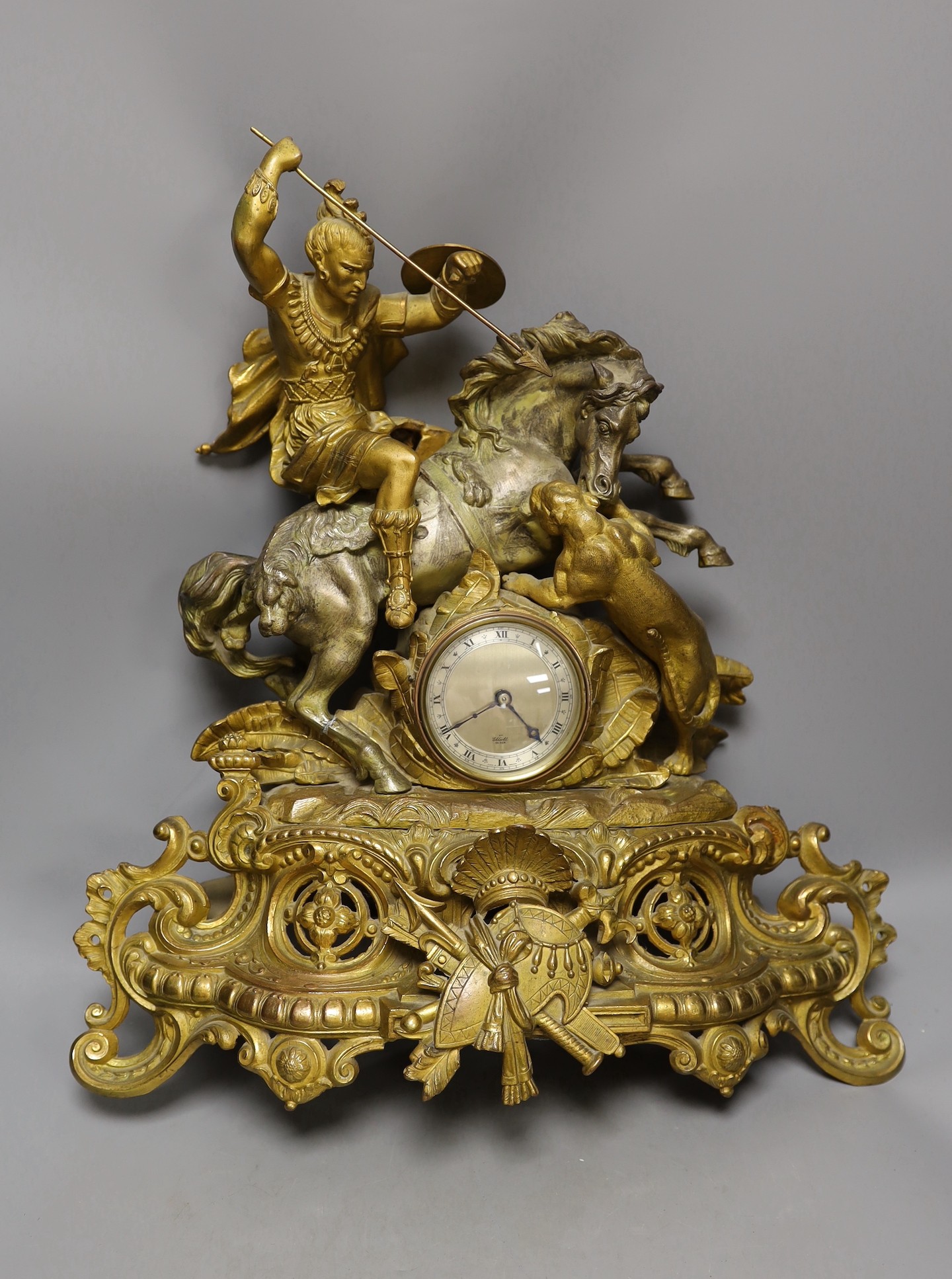 A 19th century spelter mantle clock with later Elliot dial and movement